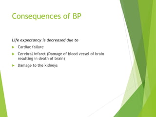 Consequences of BP
Life expectancy is decreased due to
 Cardiac failure
 Cerebral infarct (Damage of blood vessel of brain
resulting in death of brain)
 Damage to the kidneys
 