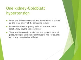 One kidney-Goldblatt
hypertension
 When one kidney is removed and a constrictor is placed
on the renal artery of the remaining kidney
 immediate effect is greatly reduced pressure in the
renal artery beyond the constrictor
 Then, within seconds or minutes, the systemic arterial
pressure begins to rise and continues to rise for several
days. (e.g transplanted kidney)
 