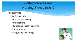 Collaborative Care
Nursing Management
Assessment
 Subjective data
Past health history
Medications
Functional health patterns
 Objective data
Target organ damage
 