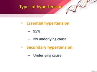 Types of hypertension
• Essential hypertension
– 95%
– No underlying cause
• Secondary hypertension
– Underlying cause
 