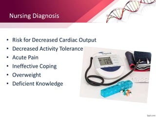 Nursing Diagnosis
• Risk for Decreased Cardiac Output
• Decreased Activity Tolerance
• Acute Pain
• Ineffective Coping
• Overweight
• Deficient Knowledge
 