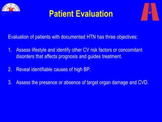 Patient Evaluation
Evaluation of patients with documented HTN has three objectives:
1. Assess lifestyle and identify other CV risk factors or concomitant
disorders that affects prognosis and guides treatment.
2. Reveal identifiable causes of high BP.
3. Assess the presence or absence of target organ damage and CVD.
 