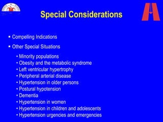 Special Considerations
 Compelling Indications
 Other Special Situations
• Minority populations
• Obesity and the metabolic syndrome
• Left ventricular hypertrophy
• Peripheral arterial disease
• Hypertension in older persons
• Postural hypotension
• Dementia
• Hypertension in women
• Hypertension in children and adolescents
• Hypertension urgencies and emergencies
 