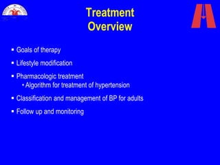 Treatment
Overview
 Goals of therapy
 Lifestyle modification
 Pharmacologic treatment
• Algorithm for treatment of hypertension
 Classification and management of BP for adults
 Follow up and monitoring
 