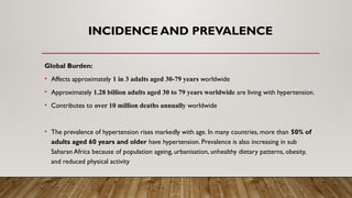 INCIDENCE AND PREVALENCE
Global Burden:
• Affects approximately 1 in 3 adults aged 30-79 years worldwide
• Approximately 1.28 billion adults aged 30 to 79 years worldwide are living with hypertension.
• Contributes to over 10 million deaths annually worldwide
• The prevalence of hypertension rises markedly with age. In many countries, more than 50% of
adults aged 60 years and older have hypertension. Prevalence is also increasing in sub
Saharan Africa because of population ageing, urbanisation, unhealthy dietary patterns, obesity,
and reduced physical activity
 