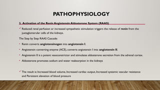 PATHOPHYSIOLOGY
3. Activation of the Renin Angiotensin Aldosterone System (RAAS)
Reduced renal perfusion or increased sympathetic stimulation triggers the release of renin from the
juxtaglomerular cells of the kidneys.
The Step by Step RAAS Cascade:
• Renin converts angiotensinogen into angiotensin I.
• Angiotensin converting enzyme (ACE), converts angiotensin I into angiotensin II.
• Angiotensin II is a potent vasoconstrictor and stimulates aldosterone secretion from the adrenal cortex.
• Aldosterone promotes sodium and water reabsorption in the kidneys
The result is: Increased blood volume, Increased cardiac output, Increased systemic vascular resistance
and Persistent elevation of blood pressure
 
