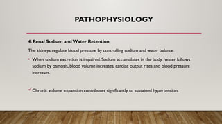 PATHOPHYSIOLOGY
4. Renal Sodium andWater Retention
The kidneys regulate blood pressure by controlling sodium and water balance.
• When sodium excretion is impaired: Sodium accumulates in the body, water follows
sodium by osmosis, blood volume increases, cardiac output rises and blood pressure
increases.
Chronic volume expansion contributes significantly to sustained hypertension.
 
