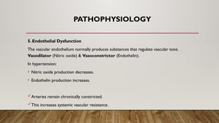PATHOPHYSIOLOGY
5. Endothelial Dysfunction
The vascular endothelium normally produces substances that regulate vascular tone.
Vasodilator (Nitric oxide) & Vasoconstrictor (Endothelin).
In hypertension:
• Nitric oxide production decreases.
• Endothelin production increases.
Arteries remain chronically constricted.
This increases systemic vascular resistance.
 