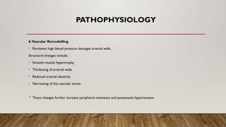 PATHOPHYSIOLOGY
6.Vascular Remodelling
• Persistent high blood pressure damages arterial walls.
Structural changes include:
• Smooth muscle hypertrophy
• Thickening of arterial walls
• Reduced arterial elasticity
• Narrowing of the vascular lumen
 These changes further increase peripheral resistance and perpetuate hypertension.
 