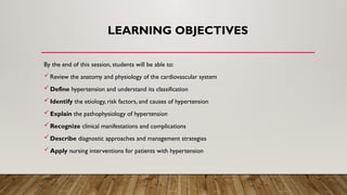 LEARNING OBJECTIVES
By the end of this session, students will be able to:
Review the anatomy and physiology of the cardiovascular system
Define hypertension and understand its classification
Identify the etiology, risk factors, and causes of hypertension
Explain the pathophysiology of hypertension
Recognize clinical manifestations and complications
Describe diagnostic approaches and management strategies
Apply nursing interventions for patients with hypertension
 