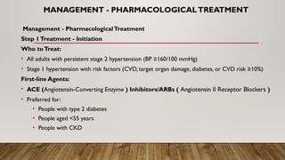 MANAGEMENT - PHARMACOLOGICALTREATMENT
Management - PharmacologicalTreatment
Step 1Treatment - Initiation
Who toTreat:
• All adults with persistent stage 2 hypertension (BP ≥160/100 mmHg)
• Stage 1 hypertension with risk factors (CVD, target organ damage, diabetes, or CVD risk ≥10%)
First-line Agents:
• ACE (Angiotensin-Converting Enzyme ) Inhibitors/ARBs ( Angiotensin II Receptor Blockers )
• Preferred for:
• People with type 2 diabetes
• People aged <55 years
• People with CKD
 