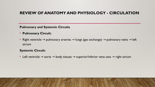 REVIEW OF ANATOMY AND PHYSIOLOGY - CIRCULATION
Pulmonary and Systemic Circuits
• Pulmonary Circuit:
• Right ventricle pulmonary arteries lungs (gas exchange) pulmonary veins left
→ → → →
atrium
Systemic Circuit:
• Left ventricle aorta body tissues superior/inferior vena cava right atrium
→ → → →
 
