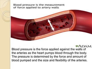 Blood pressure is the force applied against the walls of
the arteries as the heart pumps blood through the body.
The pressure is determined by the force and amount of
blood pumped and the size and flexibility of the arteries.
 