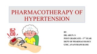 PHARMACOTHERAPY OF
HYPERTENSION
BY
DR. ARUN. S
POST GRADUATE - 1ST YEAR
DEPT OF PHARMACOLOGY
GMC, ANANTHAPURAMU
 