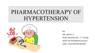 PHARMACOTHERAPY OF
HYPERTENSION
BY
DR. ARUN. S
POST GRADUATE - 1ST YEAR
DEPT OF PHARMACOLOGY
GMC, ANANTHAPURAMU
 