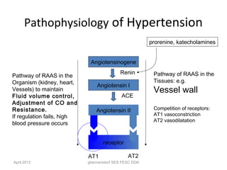 Pathophysiology of Hypertension
                                                        prorenine, katecholamines


                             Angiotensinogene
                                           Renin         Pathway of RAAS in the
Pathway of RAAS in the
Organism (kidney, heart,                                 Tissues: e.g.
                                Angiotensin I
Vessels) to maintain                                     Vessel wall
Fluid volume control,                       ACE
Adjustment of CO and
Resistance.                     Angiotensin II           Competition of receptors:
If regulation fails, high                                AT1 vasoconstriction
                                                         AT2 vasodilatation
blood pressure occurs


                                   receptor

                            AT1                AT2
April 2013                  ghennersdorf SES FESC DGK
 