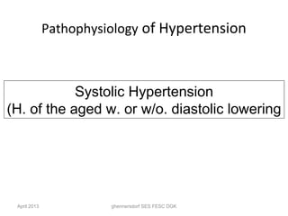 Pathophysiology of Hypertension



            Systolic Hypertension
(H. of the aged w. or w/o. diastolic lowering




 April 2013             ghennersdorf SES FESC DGK
 