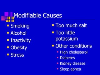 Modifiable Causes Smoking Alcohol Inactivity Obesity Stress Too much salt Too little potassium Other conditions High cholesterol Diabetes Kidney disease Sleep apnea 