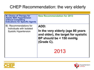 III. Choice of Therapy for Adults With Hypertension without Compelling Indications for Specific Agents 
New Recommendation for 2013 
B) Recommendations for Individuals with Isolated Systolic Hypertension 
ADD: 
In the very elderly (age 80 years and older), the target for systolic BP should be < 150 mmHg (Grade C). 
CHEP Recommendation: the very elderly 
2013  