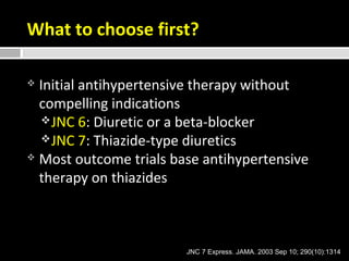 What to choose first? 
 Initial antihypertensive therapy without 
compelling indications 
JNC 6: Diuretic or a beta-blocker 
JNC 7: Thiazide-type diuretics 
 Most outcome trials base antihypertensive 
therapy on thiazides 
JNC 7 Express. JAMA. 2003 Sep 10; 290(10):1314 
 