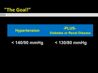 "The Goal!” 
Hypertension -PLUS-Diabetes 
or Renal Disease 
< 140/90 mmHg < 130/80 mmHg 
 