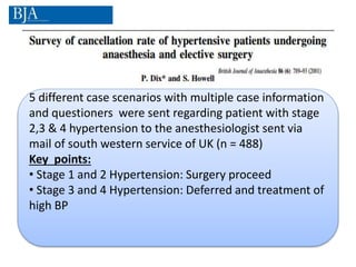5 different case scenarios with multiple case information
and questioners were sent regarding patient with stage
2,3 & 4 hypertension to the anesthesiologist sent via
mail of south western service of UK (n = 488)
Key points:
• Stage 1 and 2 Hypertension: Surgery proceed
• Stage 3 and 4 Hypertension: Deferred and treatment of
high BP
 