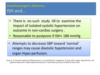 Peng et al. Excessive lowering of blood pressure is not beneficial for progression of brain white matter hyperintensive and
cognitive impairment in elderly hypertensive patients: 4-year follow-up study. J Am Med Dir Assoc 2014
• Attempts to decrease SBP toward ‘normal’
ranges may cause diastolic hypotension and
organ Hypo-perfusion.
Anesthesiologist’s Dilemma…
ISH and…
• There is no such study till to examine the
impact of isolated systolic hypertension on
outcome in non‐cardiac surgery .
• Reasonable to postpone if ISH> 180 mmHg
 