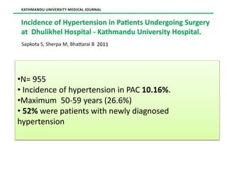 •N= 955
• Incidence of hypertension in PAC 10.16%.
•Maximum 50-59 years (26.6%)
• 52% were patients with newly diagnosed
hypertension
2011
 