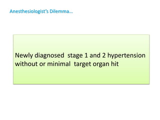 Anesthesiologist’s Dilemma…
Newly diagnosed stage 1 and 2 hypertension
without or minimal target organ hit
 