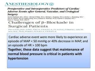 Cardiac adverse event were more likely to experience an
episode of MAP < 50 mmHg or 40% decrease in MAP, and
an episode of HR > 100 bpm
Together, these data suggest that maintenance of
normal blood pressure is critical in patients with
hypertension
 