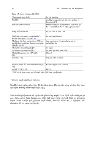10 R.R. Townsend and S.P. Steigerwalt
Table 1.5 thuốc liên quan đến THA
Nhóm thuốc hoặc thuốc Cơ chế tác động
NAIDS ức chế prostaglandin gây giữ natri tại thận và
làm giảm GFR
Liều cao corticosteroids Mineralocorticoid receptor (MR) kích thích giữ
Na và ức chế bơm Na-K-atpase, gây co mạch
Uống thuốc tránh thai Cơ chế chưa rõ, làm THA
Thuốc kích thích giao cảm (Meridia™,
Ritalin, Provigil™, etc.) [42, 43]
Co mạch và giữ natri
Thuốc ức chế chọn lọc serotonin (SSRIs),
ức chế chọn lọc tái hấp thu norepinephrine
(SSNIs) [44, 45]
tăng serotonin or norepinephrine qua cơ
chế tái hấp thu
Thuốc kích thích hồng cầu [46] Co mạch
Tacrolimus, cyclosporine [47] Co mạch, giữ natri, giảm GFR
Thuốc kháng retrovirus (HAART)
[48]
Chưa rõ
Cam thảo [49] Gây giữ natri, co mạch
Cocaine, thuốc lắc, methamphetamines [50,
51]
Kích thích giao cảm, co mạch
ức chế VEGF52, 53] FLT-1
VEGF yếu tố tăng trưởng nội mô mạch máu, GFR mức lọc cầu thận
Theo dõi huyết sau khám ban đầu
Sau khi kiểm tra ban đầu, theo dõi huyết áp được khuyến cáo trong khoảng thời gian
quy định. Hướng dẫn trong bảng 1.6 [3].
Một số xét nghiệm được đề nghị đánh giá thường xuyên ở các bệnh nhân có huyết áp
cao. hemoglobin hoặc hematocrit, phân tích nước tiểu với kính hiển vi, creatinin
huyết thanh và điện giải, glucose huyết thanh, lipid lúc đói và ECG. Nghiệm khác
như nồng độ hormone tuyến giáp
 