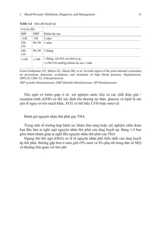 1 Blood Pressure: Definition, Diagnosis, and Management 11
Table 1.6 theo dõi huyết áp
H áp ban đầu
Khám lại sauSBP DBP
<120 <80 2 năm
120–
139
80–89 1 năm
140–
159
90–99 2 tháng
≥160 ≥100 1 tháng, với HA cao hơn (e.g.,
≥180/110 mmHg) khám lại sau 1 tuần
From Chobanian AV, Bakris GL, Black HR, et al. Seventh report of the joint national committee
on prevention, detection, evaluation, and treatment of high blood pressure. Hypertension.
2003;42:1206–52, with permission
SBP systolic blood pressure, DBP diastolic blood pressure, BP blood pressure
Nếu nghi có bướu giáp ở cổ. xét nghiệm nước tiểu và các chất điện giải /
creatinin (tính eGFR) có thể xác định tổn thương tại thận. glucose và lipid là các
yếu tố nguy cơ tim mạch khác. ECG có thể thấy LVH hoặc nmct cũ
Đánh giá nguyên nhân thứ phát gây THA
Trong một số trường hợp bệnh sử, khám lâm sàng hoặc xét nghiệm chẩn đoán
ban đầu làm ta nghi ngờ nguyên nhân thứ phát của tăng huyết áp. Bảng 1.4 bao
gồm thăm khám giúp ta nghĩ đến nguyên nhân thứ phát của THA
Ngưng thở khi ngủ (OSA) có lẽ là nguyên nhân phổ biến nhất của tăng huyết
áp thứ phát. thường gặp hơn ở nam giới (9% nam và 4% phụ nữ trong dân số Mỹ)
và thường liên quan với béo phì
 