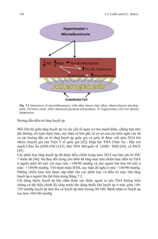 136 L.J. Lafﬁn and G.L. Bakris
Fig. 7.1 Interaction of microalbuminuria with other factors that affect atherosclerosis develop-
ment. NO nitric oxide, AGEs advanced glycation end products, TC triglycerides, LDL low density
lipoproteins
Hướng dẫn điều trị tăng huyết áp
Mối liên hệ giữa tăng huyết áp và các yếu tố nguy cơ tim mạch khác, chẳng hạn như
đái đường, rối loạn lipid máu, suy thận và béo phì, là cơ sở của các kiến nghị của tất
cả các hướng dẫn xử trí tăng huyết áp quốc gia và quốc tế được viết năm 2014 bởi
nhóm chuyên gia của Viện Y tế quốc gia [42], Hiệp hội THA Châu Âu - Hội tim
mạch Châu Âu (ESH-ESC) [43], thội THA Mỹ/quốc tế (ASH / ISH) [44], và NICE
[45] .
Các phân loại tăng huyết áp đã được điều chỉnh trong năm 2014 sau báo cáo từ JNC
7 trước đó [46]. Sự thay đổi trọng yếu nhất đã tăng mục tiêu chiến lược điều trị THA
ở người dưới 60 tuổi với mục tiêu <140/90 mmHg và cho người lớn hơn 60 tuổi ở
mức <150/90 mmHg. Với bệnh nhân ĐTĐ, suy thận đề nghị ở mức <140/90 mmHg.
Những chiến lược này được cập nhật cho các phân loại và điều trị mục tiêu tăng
huyết áp ở người lớn thể hiện trong Bảng 7.2.
Chỉ dùng thuốc huyết áp khi chẩn đoán xác định, ngoài ra nếu THA không biến
chứng có thể điều chỉnh lối sống trước khi dùng thuốc khi huyết áp ở mức giữa 140-
159 mmHg huyết áp tâm thu và huyết áp tâm trương 90-100. Bệnh nhân có huyết áp
cao hơn 160/100 mmHg
 