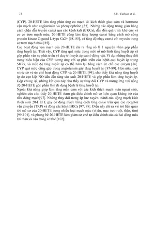72 S.H. Carlson et al.
(CYP). 20-HETE làm tăng phản ứng co mạch do kích thích giao cảm và hormone
vận mạch như angiotensin và phenylephrine [85]. Những tác động trung gian bằng
cách chặn dẫn truyền canxi qua các kênh kali (BKCa), dẫn đến quá trình khử cực và
co cơ trơn mạch máu. 20-HETE cũng làm tăng lượng canxi bằng cách mở cổng
protein kinase C-gated L-type Ca2+ [58, 85], và tăng độ nhạy canxi với myosin trong
cơ trơn mạch máu [85].
Các hoạt động vận mạch của 20-HETE chỉ ra rằng nó là 1 nguyên nhân góp phần
tăng huyết áp. Thật vậy, CYP tăng quá mức trong một số mô hình tăng huyết áp và
góp phần vào sự phát triển và duy trì huyết áp cao ở động vật. Ví dụ, những thay đổi
trong biểu hiện của CYP tương ứng với sự phát triển của bệnh cao huyết áp trong
SHRs, và mức độ tăng huyết áp có thể hãm lại bằng cách ức chế các enzym [86].
CYP quá mức cũng gặp trong angiotensin gây tăng huyết áp [87-89]. Hơn nữa, oxit
nitric có vẻ ức chế hoạt động CYP và 20-HETE [94], cho thấy khả năng tăng huyết
áp do cạn kiệt NO dẫn đến tăng sản xuất 20-HETE và góp phần làm tăng huyết áp.
Gộp chung lại, những kết quả này cho thấy sự thay đổi CYP và tương ứng với nồng
độ 20-HETE góp phần làm đa dạng bệnh lý tăng huyết áp.
Ngoài khả năng giúp làm tăng mẫn cảm với các kích thích mạch máu ngoại sinh,
nghiên cứu cho thấy 20-HETE tham gia điều chỉnh mô cơ liên quan kháng trở của
tiểu động mạch[97]. Những thay đổi trong áp lực xuyên thành của động mạch kích
thích sinh 20-HETE gây co động mạch bằng cách tăng canxi tràn qua các receptor
vận chuyển (TRP) và đóng các kênh BKCa [97, 98]. Điều này chỉ ra vai trò liên quan
tới mô cơ của 20-HETE trong nhiều loại mạch máu (ví dụ, mạc treo ruột, thận, tim)
[99-101], và phong bế 20-HETE làm giảm cơ chế tự điều chỉnh của cả hai dòng máu
tới thận và não trong cơ thể [102].
 