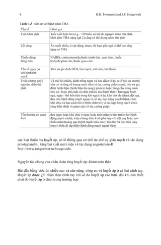 8 R.R. Townsend and S.P. Steigerwalt
Table 1.3 tiền sử với bệnh nhân THA
Yếu tố Đánh giá
Tuổi khởi phát Tuổi xuất hiện trẻ (e.g., <30 tuổi) có thể do nguyên nhân thứ phát,
khởi phát THA nặng (gd 2) cũng có thể do ng nhân thứ phát
Lối sống Ăn muối nhiều, ít vận động, stress, rối loạn giấc ngủ có thể làm tăng
nguy cơ THA
Thuốc dùng
đồng thời
NAIDS, corticosteroids,thuốc tránh thai, cam thảo, thuốc
ho/lạnh/giảm cân, thuốc giao cảm
Yếu tố nguy cơ
với bệnh tim
mạch
Tiền sử gia đinh ĐTĐ, tim mạch, mỡ máu, hút thuốc
Triệu chứng gợi ý
nguyên nhân thứ
phát
Vã mồ hôi nhiều, đánh trống ngực và đau đầu (ví dụ, u tế bào ưa crom);
yếu cơ và tăng số lượng nước tiểu (ví dụ, cường aldosteron); tiền sử gia
đình bệnh thận (bệnh thận đa nang); protein hoặc hồng cầu trong nước
tiểu và / hoặc phù mắt cá chân (nhiều loại bệnh thận); ban ngày buồn
ngủ, ngáy / thở hổn hển trong khi ngủ (ví dụ, khó thở khi nằm); đột quị,
đau tim, bệnh động mạch ngoại vi (ví dụ, hẹp động mạch thận); chân
khó chịu và đau cách hồi ở bệnh nhân trẻ (ví dụ, hẹp động mạch chủ);
tăng thân nhiệt và giảm cân (ví dụ, cường giáp)
Tổn thương cơ quan
đích
đau ngực hoặc khó chịu ở ngực hoặc nhồi máu cơ tim trước đó (bệnh
động mạch vành); triệu chứng thần kinh phù hợp với đột quỵ hoặc cơn
thiếu máu thoáng qua (bệnh mạch máu não); khó thở và mệt mỏi (suy
tim có thể); đi tập tễnh (bệnh động mạch ngoại biên)
các loại thuốc hạ huyết áp, có lẽ thông qua cơ chế ức chế sự giãn mạch và tác dụng
prostaglandin , tăng bài xuất natri niệu và tác dụng angiotensin-II
http://www.tangcenter.uchicago.edu.
Nguyên tắc chung của chẩn đoán tăng huyết áp: khám toàn thân
Bắt đầu bằng việc đo chiều cao và cân nặng, vòng eo và huyết áp ở cả hai cánh tay.
Huyết áp được ghi nhận theo cánh tay với số đo huyết áp cao hơn. đôi khi cần thiết
phải đo huyết áp ở chân trong trường hợp
 