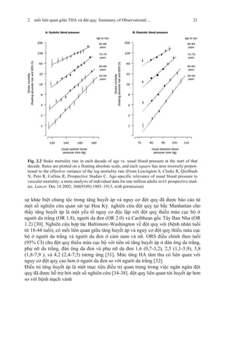2 mối liên quan giữa THA và đột quỵ: Summary of Observational… 21
Fig. 2.2 Stoke mortality rate in each decade of age vs. usual blood pressure at the start of that
decade. Rates are plotted on a floating absolute scale, and each square has area inversely propor-
tional to the effective variance of the log mortality rate (From Lewington S, Clarke R, Qizilbash
N, Peto R, Collins R, Prospective Studies C. Age-specific relevance of usual blood pressure to
vascular mortality: a meta-analysis of individual data for one million adults in 61 prospective stud-
ies. Lancet. Dec 14 2002; 360(9349):1903–1913, with permission)
sự khác biệt chủng tộc trong tăng huyết áp và nguy cơ đột quỵ đã được báo cáo từ
một số nghiên cứu quan sát tại Hoa Kỳ. nghiên cứu đột quỵ tại bắc Manhattan cho
thấy tăng huyết áp là một yếu tố nguy cơ độc lập với đột quỵ thiếu máu cục bộ ở
người da trắng (OR 1.8), người da đen (OR 2.0) và Caribbean gốc Tây Ban Nha (OR
1.2) [30]. Nghiên cứu hợp tác Baltimore-Washington về đột quỵ với (bệnh nhân tuổi
từ 18-44 tuổi), có mối liên quan giữa tăng huyết áp và nguy cơ đột quỵ thiếu máu cục
bộ ở người da trắng và người da đen ở cảm nam và nữ. ORS điều chỉnh theo tuổi
(95% CI) cho đột quỵ thiếu máu cục bộ với tiền sử tăng huyết áp ở đàn ông da trắng,
phụ nữ da trắng, đàn ông da đen và phụ nữ da đen 1,6 (0,7-3,2), 2,5 (1,1-5,9), 3,8
(1,8-7,9 ), và 4,2 (2,4-7,5) tương ứng [31]. Mức tăng HA tâm thu có liên quan với
nguy cơ đột quỵ cao hơn ở người da đen so với người da trắng [32].
Điều trị tăng huyết áp là một mục tiêu điều trị quan trọng trong việc ngăn ngừa đột
quỵ đã được hỗ trợ bởi một số nghiên cứu [34-38]. đột quỵ liên quan tới huyết áp hơn
so với bệnh mạch vành
 