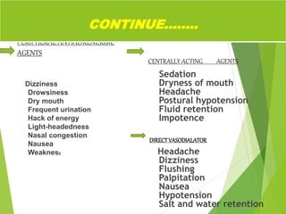 PERIPHERAL ANTIADRENERGIC
AGENTS
Dizziness
Drowsiness
Dry mouth
Frequent urination
Hack of energy
Light-headedness
Nasal congestion
Nausea
Weakness
CENTRALLY ACTING AGENTS
Sedation
Dryness of mouth
Headache
Postural hypotension
Fluid retention
Impotence
DIRECTVASODIALATOR
Headache
Dizziness
Flushing
Palpitation
Nausea
Hypotension
Salt and water retention
CONTINUE……..
 