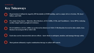 SUM M ARY
Key Takeaways
Hypertension is defined & staged by BP thresholds (≥130/80 mmHg), and is a major driver of stroke, MI, heart
failure, and CKD.
Five major drug classes – Diuretics, Beta-blockers, ACE-I/ARBs, CCBs, and Vasodilators – lower BP by reducing
cardiac output and/or peripheral resistance.
RAAS inhibitors (ACE-I, ARBs) are preferred in diabetes & CKD; CCBs/thiazides favored in older adults; beta-
blockers favored post-MI or with CAD.
Each class carries characteristic adverse effects – know them to anticipate, monitor, and manage therapy safely.
Most patients ultimately require combination therapy to achieve BP control.
 