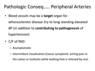 Pathologic Conseq….. Peripheral Arteries
• Blood vessels may be a target organ for
atherosclerotic disease 2ry to long-standing elevated
BP (in addition to contributing to pathogenesis of
hypertension)
• C/F of PAD:
– Asymptomatic
– Intermittent claudication (classic symptom): aching pain in
the calves or buttocks while walking that is relieved by rest.
 