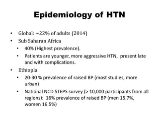 Epidemiology of HTN
• Global: ~22% of adults (2014)
• Sub Saharan Africa
• 40% (Highest prevalence).
• Patients are younger, more aggressive HTN, present late
and with complications.
• Ethiopia
• 20-30 % prevalence of raised BP (most studies, more
urban)
• National NCD STEPS survey (> 10,000 participants from all
regions): 16% prevalence of raised BP (men 15.7%,
women 16.5%)
 