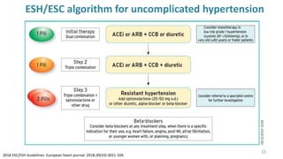 ESH/ESC algorithm for uncomplicated hypertension
2018 ESC/ESH Guidelines. European heart journal. 2018;39(33):3021-104.
22
 
