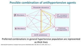 Possible combination of antihypertensive agents
Preferred combinations in general hypertensive population are represented
as thick lines
2018 ESC/ESH Guidelines. European heart journal. 2018;39(33):3021-104; Wan et al. AJPS. 2014. 9:1-7
 