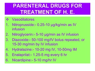 PARENTERAL DRUGS FOR
TREATMENT OF H. E.
 Vasodilatores
1. Nitroprusside:- 0.25-10 µg/kg/min as IV
infusion
2. Nitroglycerin:- 5-10 µg/min as IV infusion
3. Diazoxide:- 50-100 mg/IV bolus repeated, or
15-30 mg/min by IV infusion
4. Hydralazine:- 10-20 mg IV, 10-50mg IM
5. Enalaprilat:- 1.25-5 mg every 6 hr
6. Nicardipine:- 5-10 mg/hr IV
 