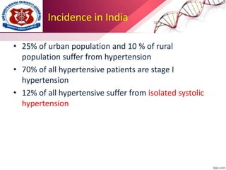 Incidence in India
• 25% of urban population and 10 % of rural
population suffer from hypertension
• 70% of all hypertensive patients are stage I
hypertension
• 12% of all hypertensive suffer from isolated systolic
hypertension
 