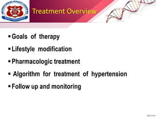 Treatment Overview
Goals of therapy
Lifestyle modification
Pharmacologic treatment
 Algorithm for treatment of hypertension
Follow up and monitoring
 