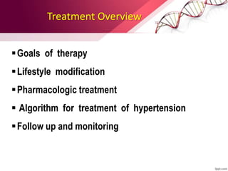 Treatment Overview
Goals of therapy
Lifestyle modification
Pharmacologic treatment
 Algorithm for treatment of hypertension
Follow up and monitoring
 