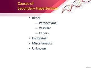 Causes of
Secondary Hypertension
• Renal
– Parenchymal
– Vascular
– Others
• Endocrine
• Miscellaneous
• Unknown
 