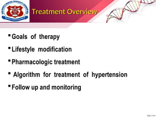 Treatment Overview
Treatment Overview
Goals of therapy
Lifestyle modification
Pharmacologic treatment
 Algorithm for treatment of hypertension
Follow up and monitoring
 