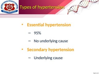Types of hypertension
Types of hypertension
• Essential hypertension
– 95%
– No underlying cause
• Secondary hypertension
– Underlying cause
 