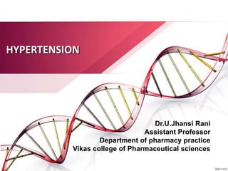HYPERTENSION
Dr.U.Jhansi Rani
Assistant Professor
Department of pharmacy practice
Vikas college of Pharmaceutical sciences
 